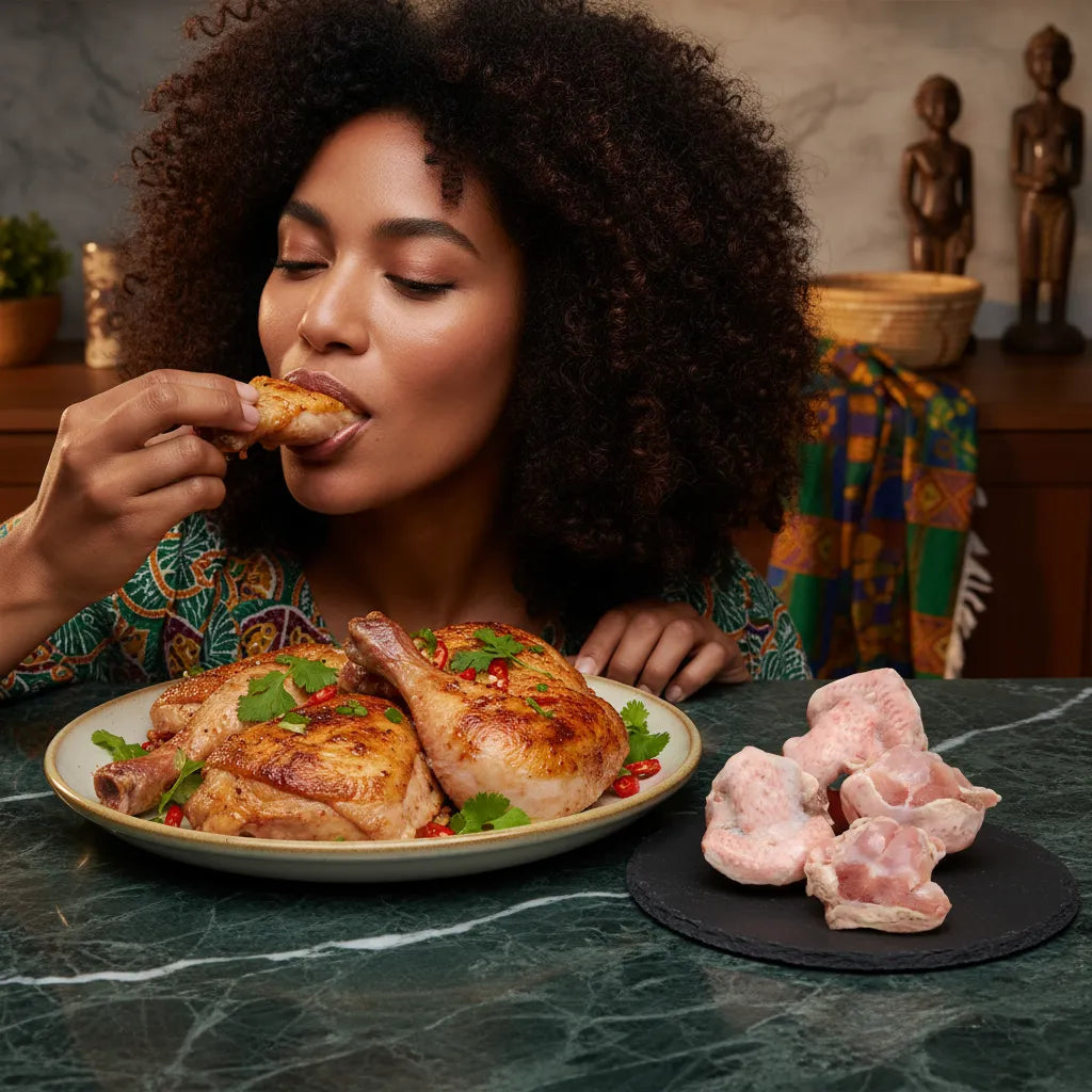 Femme dégustant un plat de volaille rôtie avec croupions de dinde nature en accompagnement, viande juteuse et tendre mise en valeur.